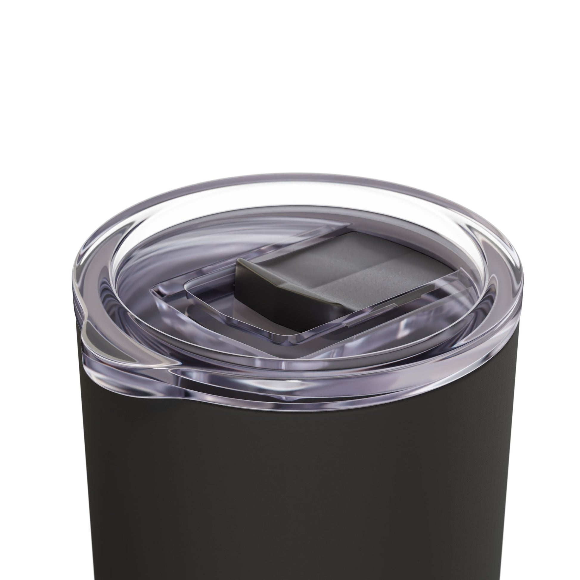 Close-up of the black tumbler lid, highlighting the screw-on slide mechanism and straw opening. Secure, spill-resistant, and built for all-day hydration.